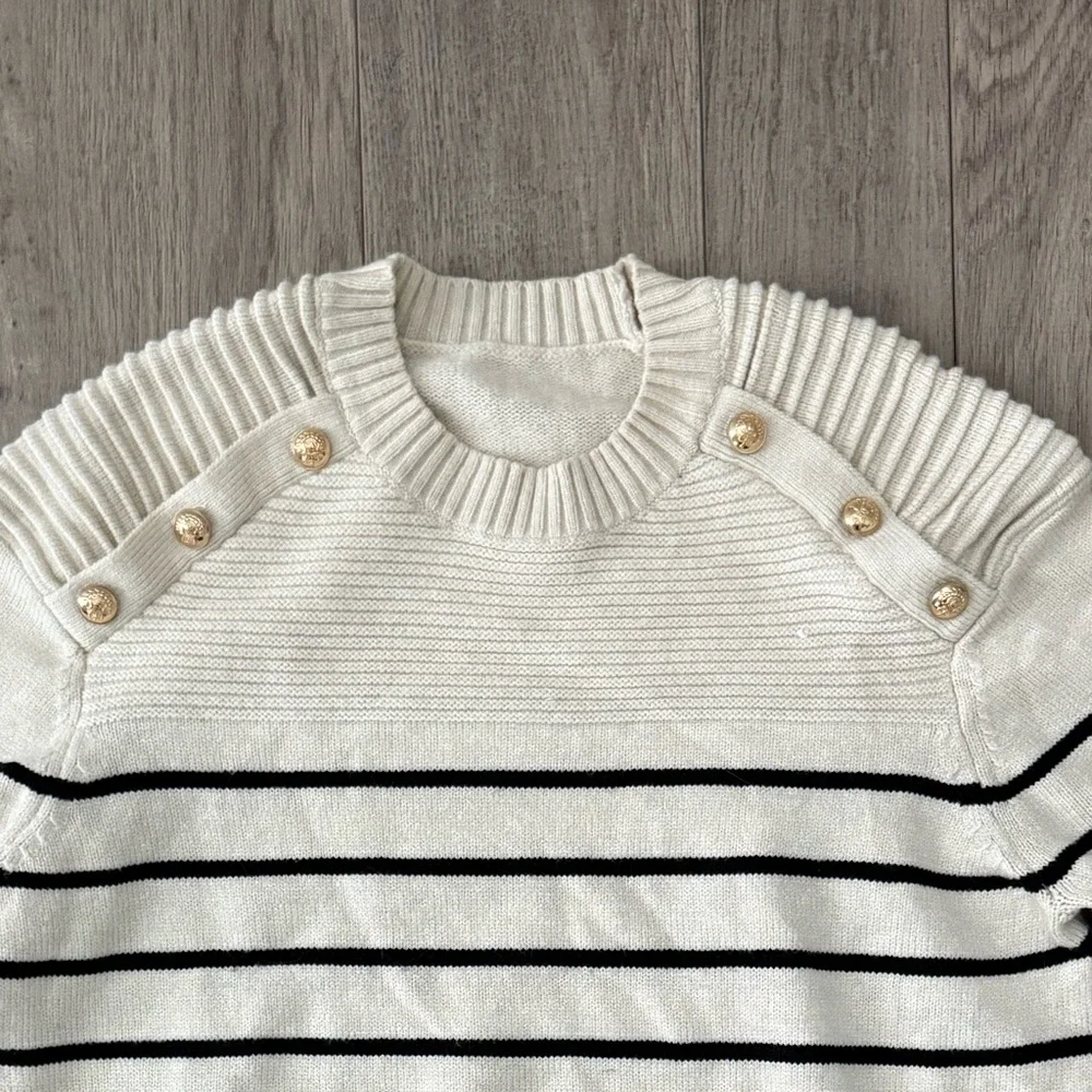 Striped Cream and Black Striped Sweater with Gold Button Accent - Picture 4 of 7